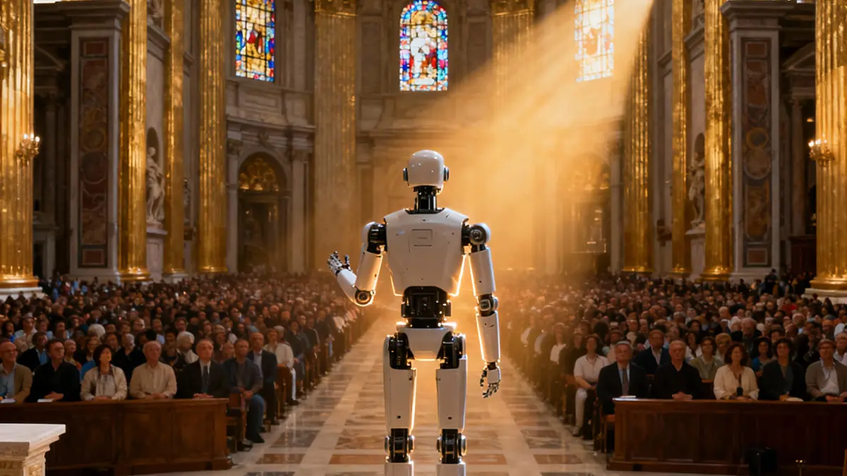 Ein Roboter als Gott in einer Kirche